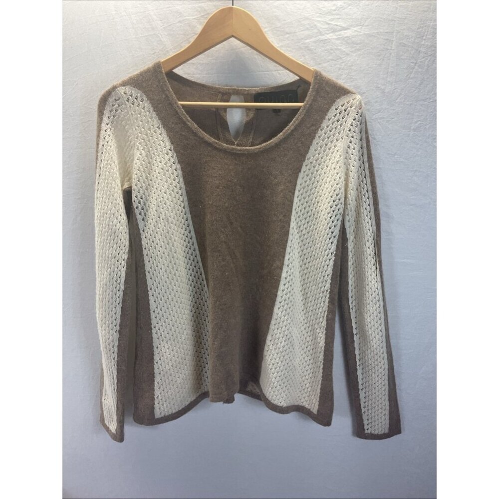 Quinn 100% cashmere tan Ivory crochet color block keyhole sweater size‎ S